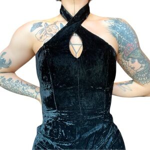 LA GLO 80s Vintage Black Velvet Halter Dress - Criss-Cross - Goth Evening Gown